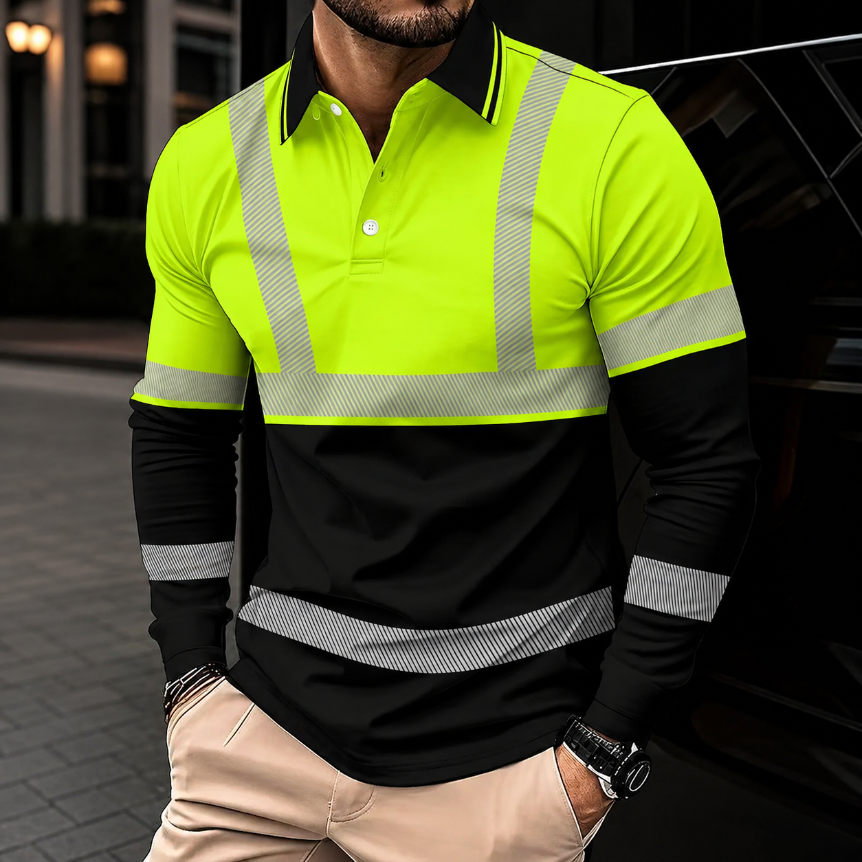 Reflective Stripe Workwear Long Sleeve Polo TShirt with Fitted Design for Men