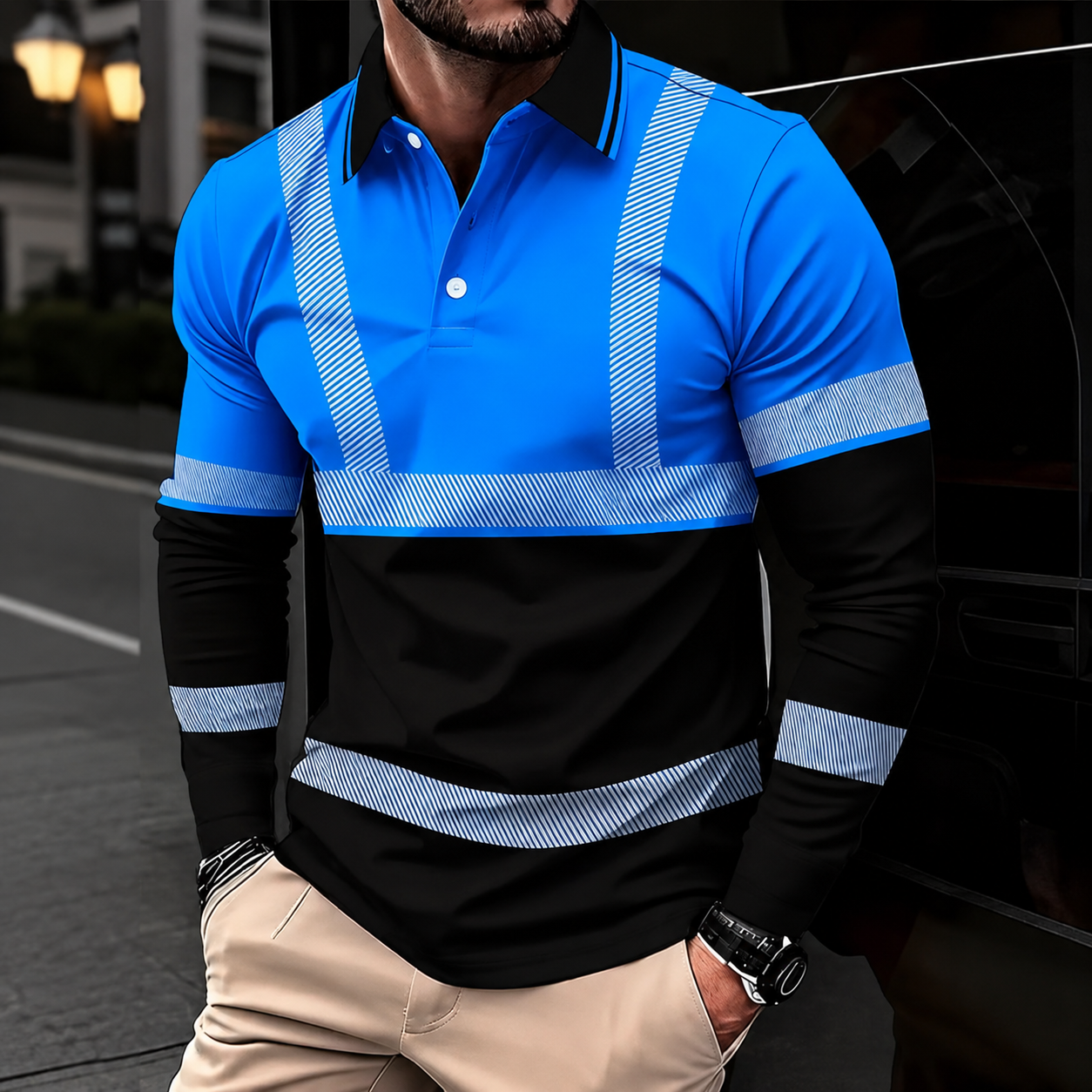 Reflective Stripe Workwear Long Sleeve Polo TShirt with Fitted Design for Men