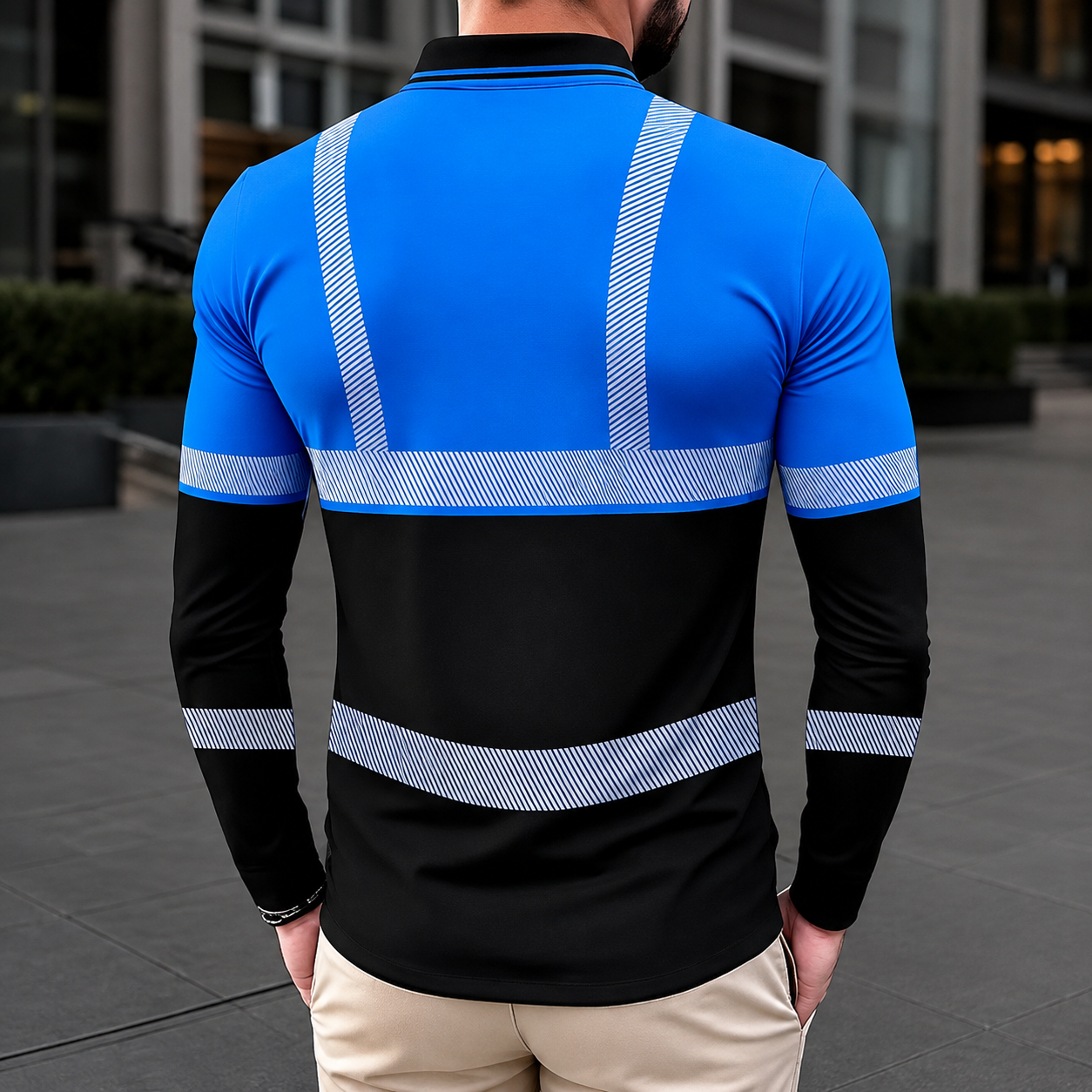 Reflective Stripe Workwear Long Sleeve Polo TShirt with Fitted Design for Men