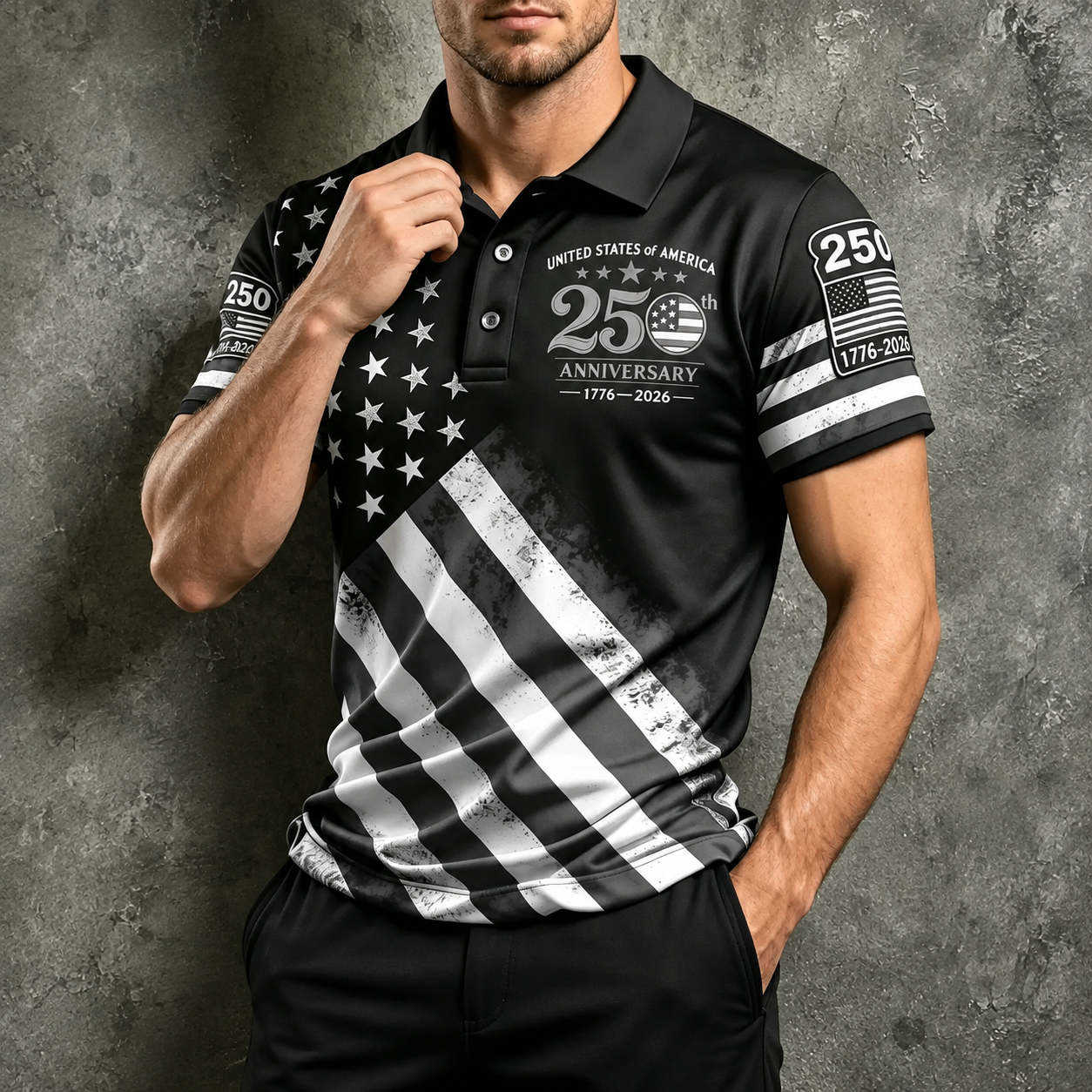 25th Anniversary American Flag Graphic Short Sleeve Polo TShirt for Men