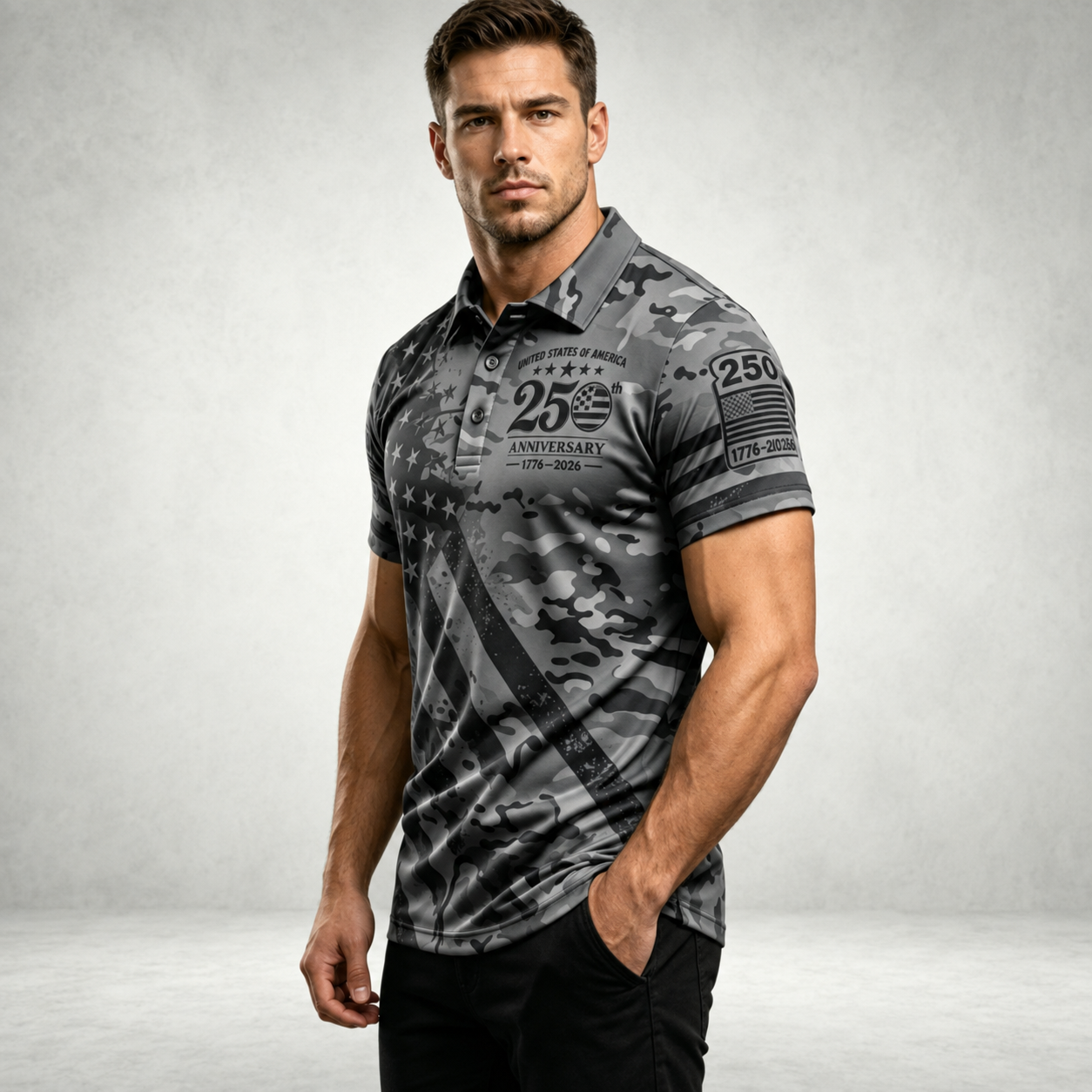 25th Anniversary American Flag Graphic Short Sleeve Polo TShirt for Men