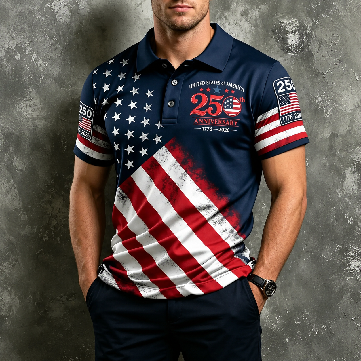25th Anniversary American Flag Graphic Short Sleeve Polo TShirt for Men