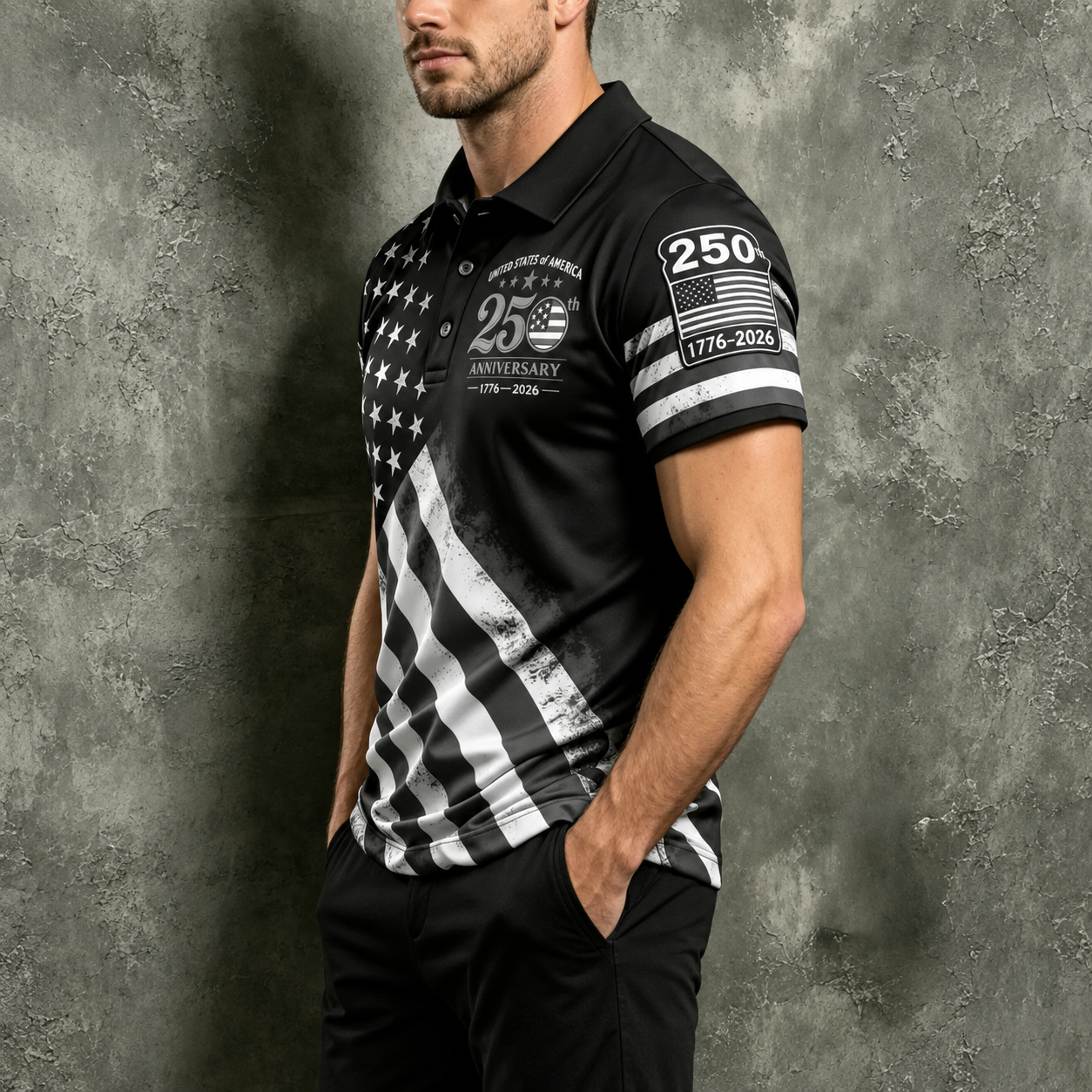 25th Anniversary American Flag Graphic Short Sleeve Polo TShirt for Men