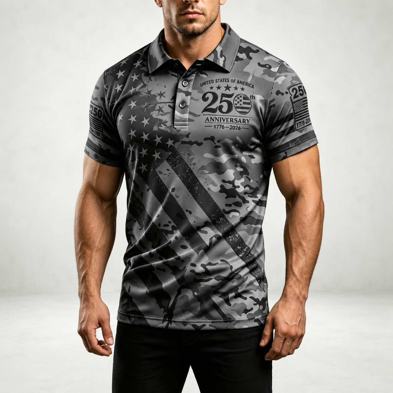 25th Anniversary American Flag Graphic Short Sleeve Polo TShirt for Men