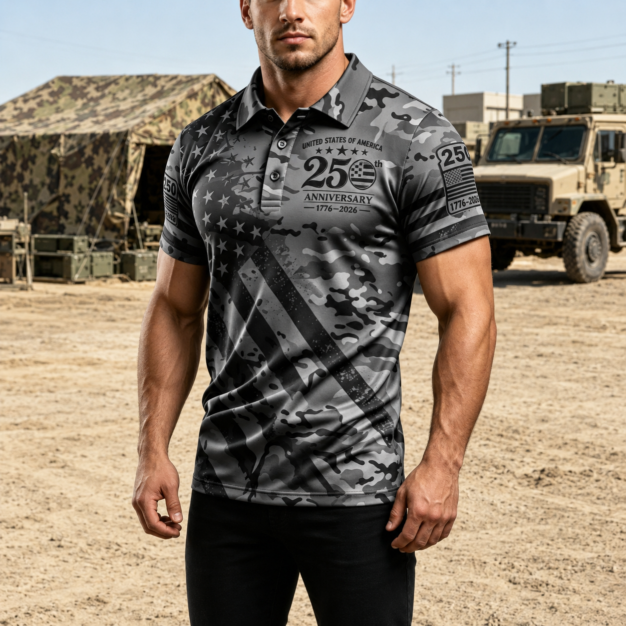 25th Anniversary American Flag Graphic Short Sleeve Polo TShirt for Men