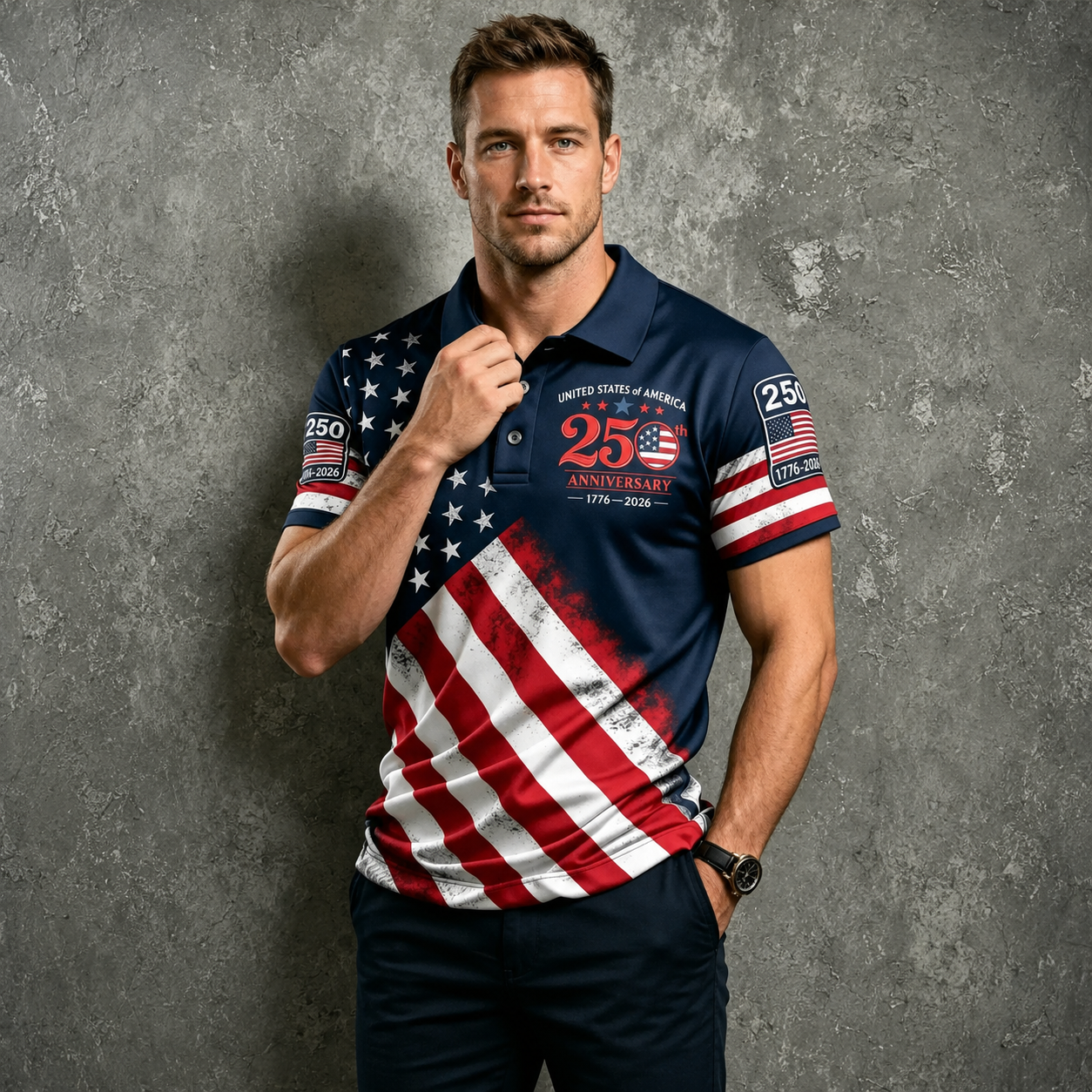 25th Anniversary American Flag Graphic Short Sleeve Polo TShirt for Men