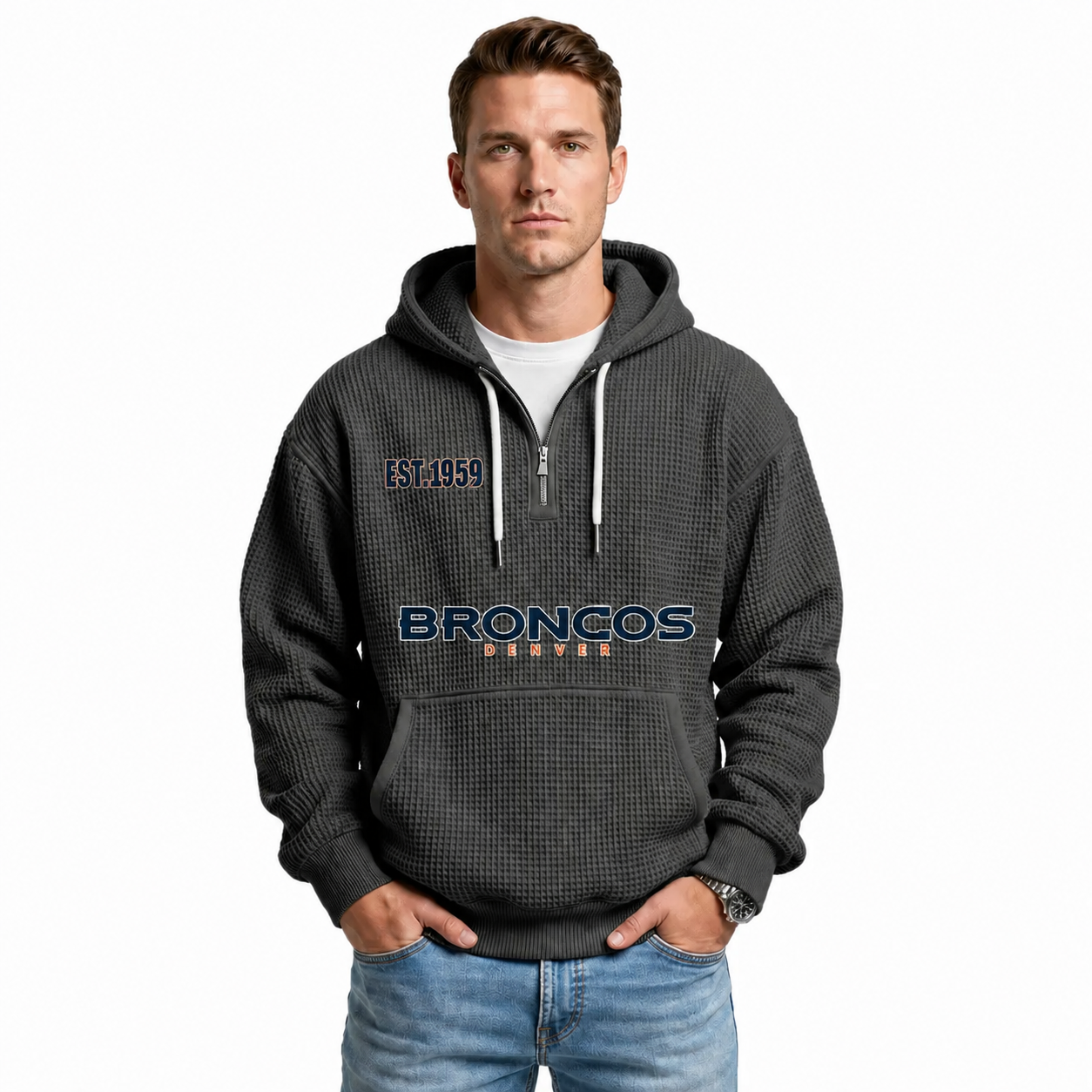 Denver Broncos EST 1959 Printed Quarter Zip Hoodie