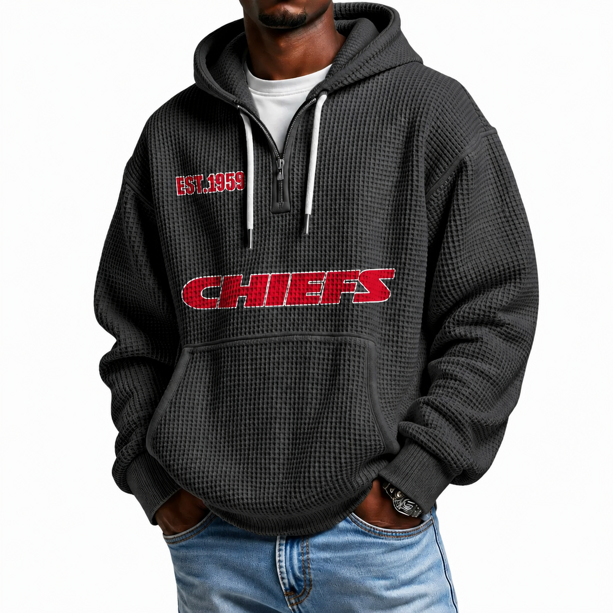 Kansas City Chiefs EST 1959 Printed Waffle Quarter Zip Football Fan Hoodie
