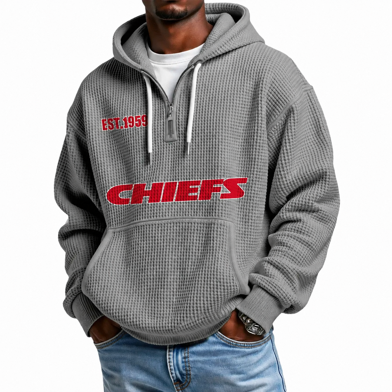 Kansas City Chiefs EST 1959 Printed Waffle Quarter Zip Football Fan Hoodie
