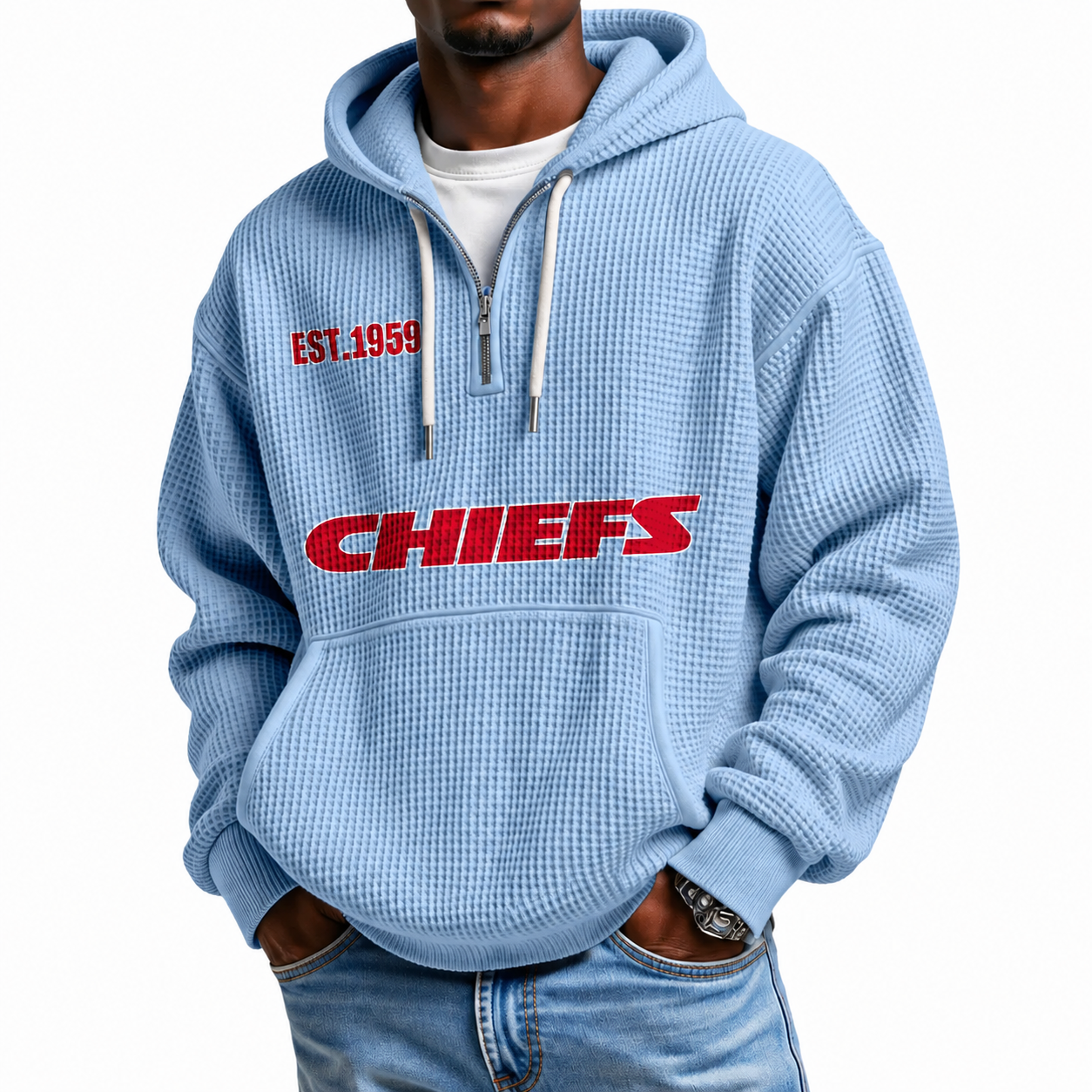 Kansas City Chiefs EST 1959 Printed Waffle Quarter Zip Football Fan Hoodie