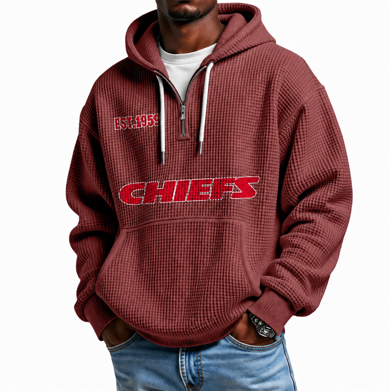 Kansas City Chiefs EST 1959 Printed Waffle Quarter Zip Football Fan Hoodie