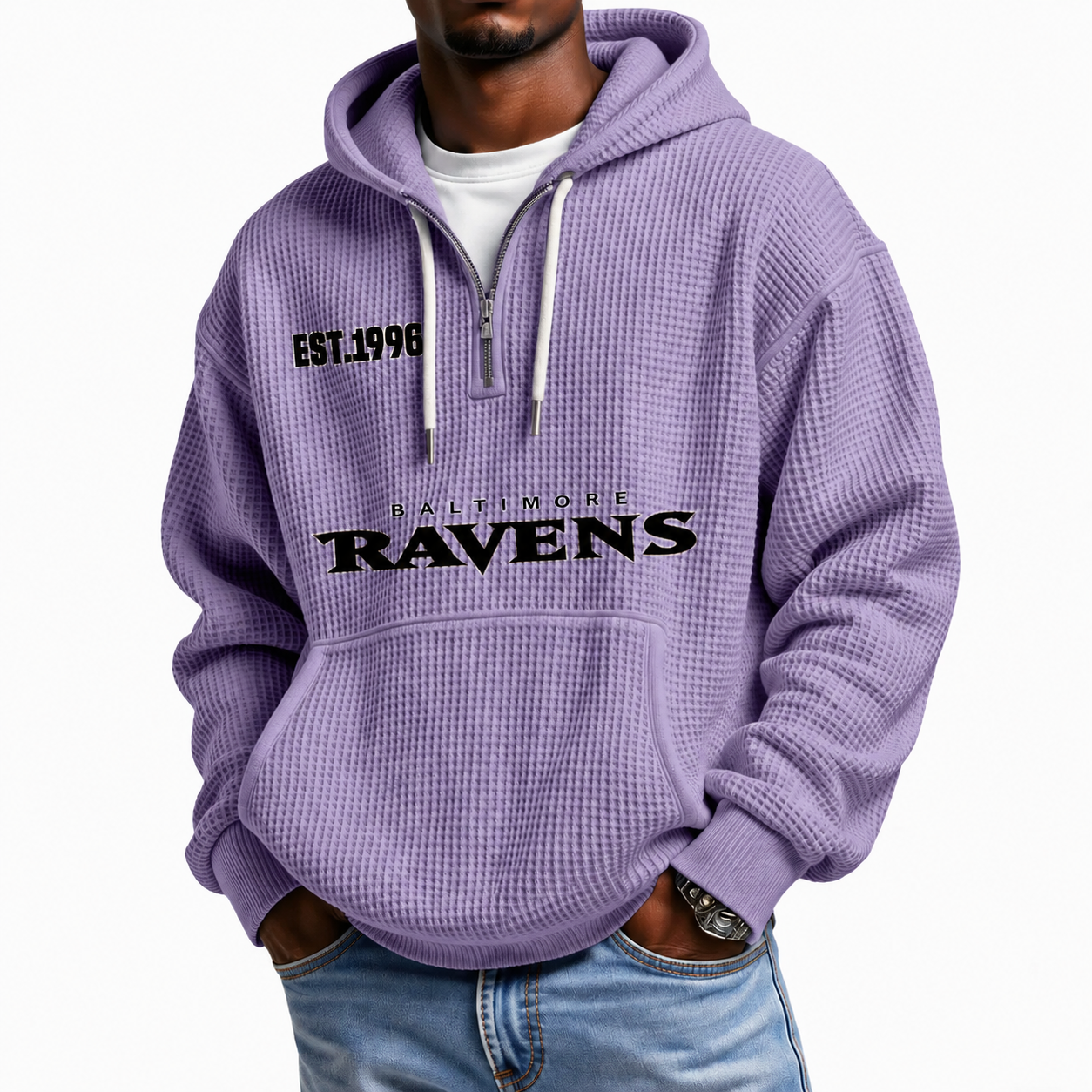 Baltimore Ravens EST 1996 Printed Quarter Zip Waffle Football Fan Hoodie