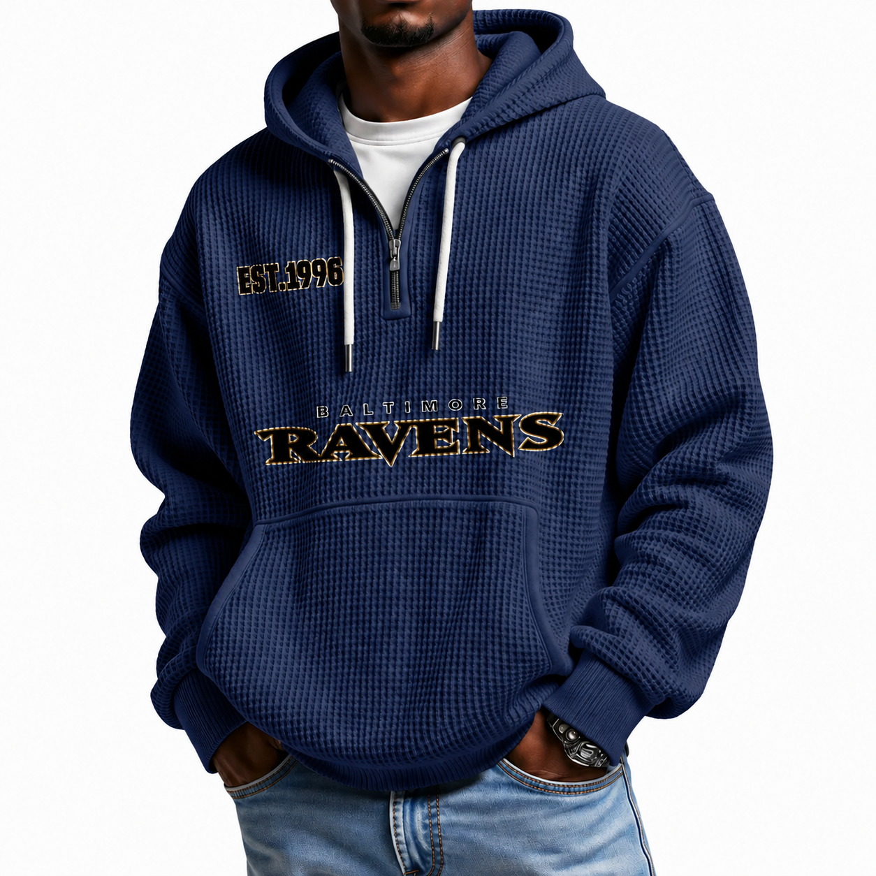 Baltimore Ravens EST 1996 Printed Quarter Zip Waffle Football Fan Hoodie