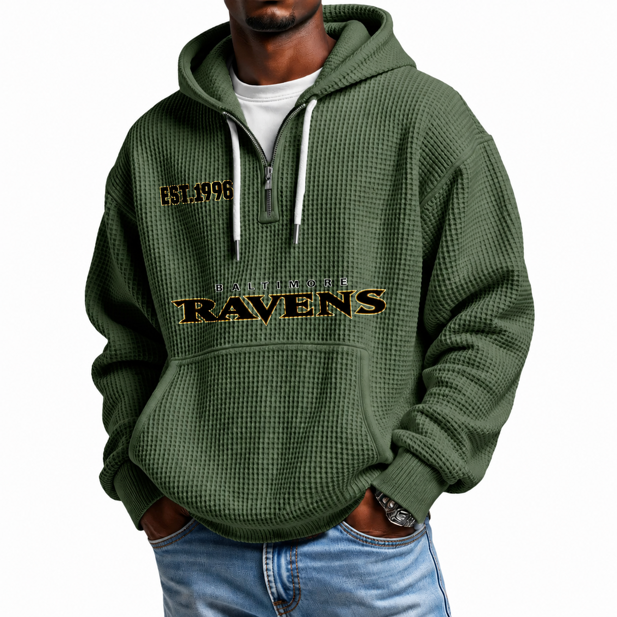 Baltimore Ravens EST 1996 Printed Quarter Zip Waffle Football Fan Hoodie