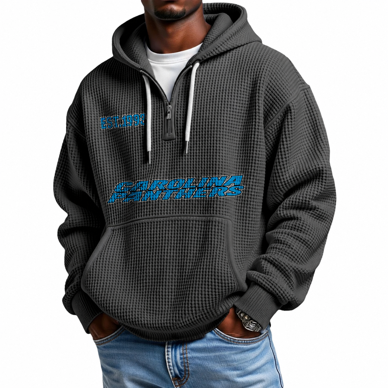 Carolina Panthers EST 1993 Printed Quarter Zip Waffle Football Fan Hoodie