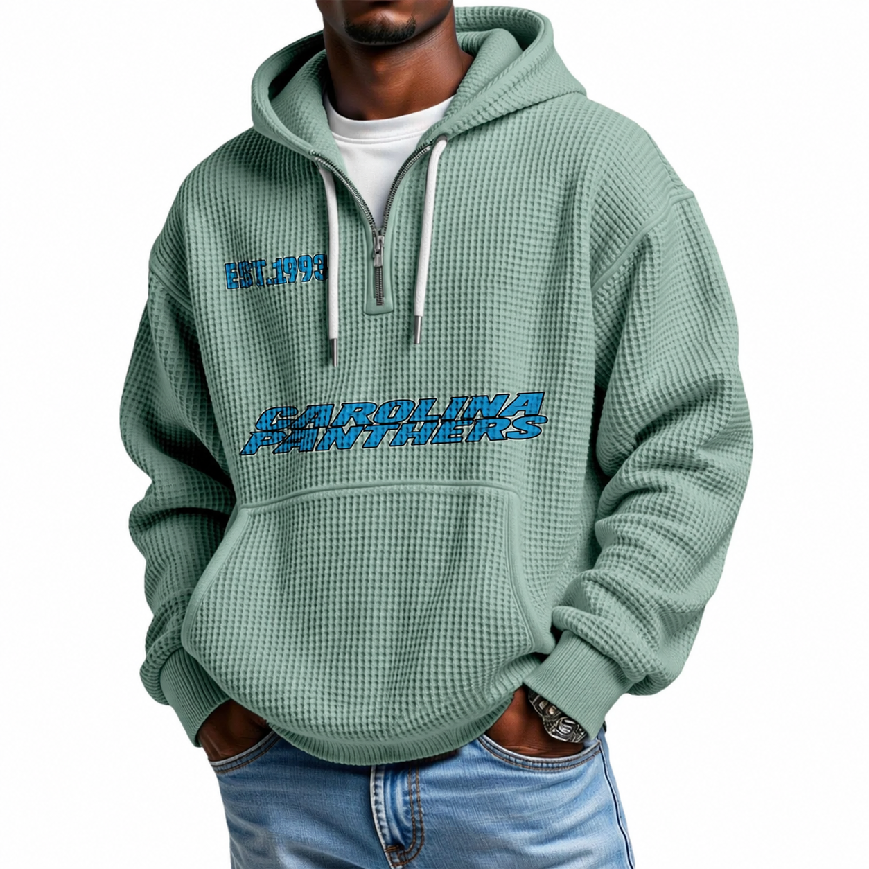 Carolina Panthers EST 1993 Printed Quarter Zip Waffle Football Fan Hoodie
