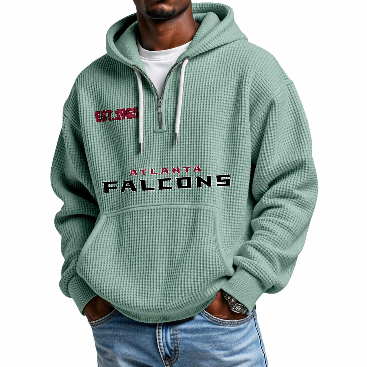 Atlanta Falcons EST 1965 Printed Quarter Zip Waffle Football Fan Hoodie