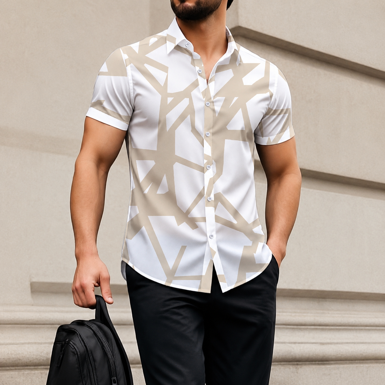 Casual Geometric Print Contrast Short Sleeve Shirt