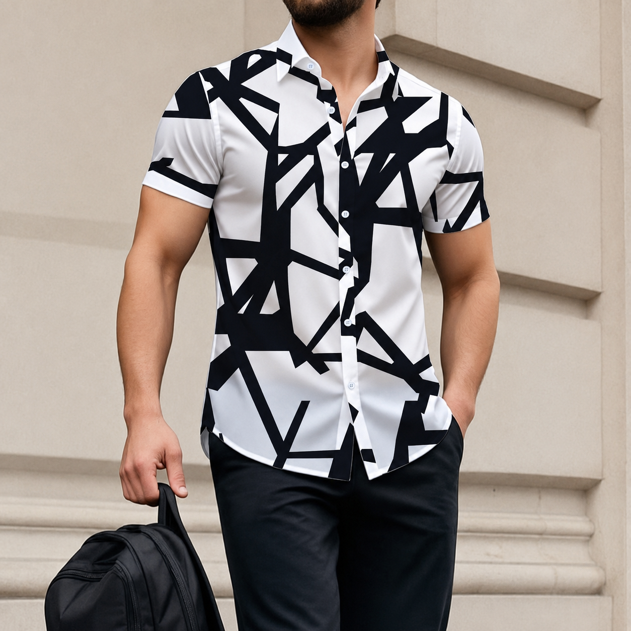 Casual Geometric Print Contrast Short Sleeve Shirt