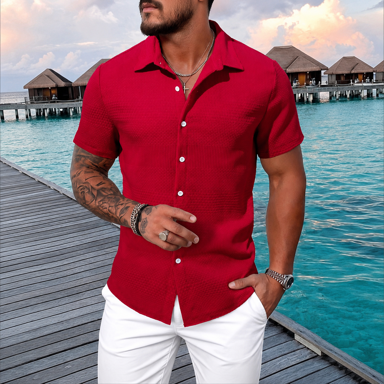 Plain Button Down Short Sleeve Shirt For Men