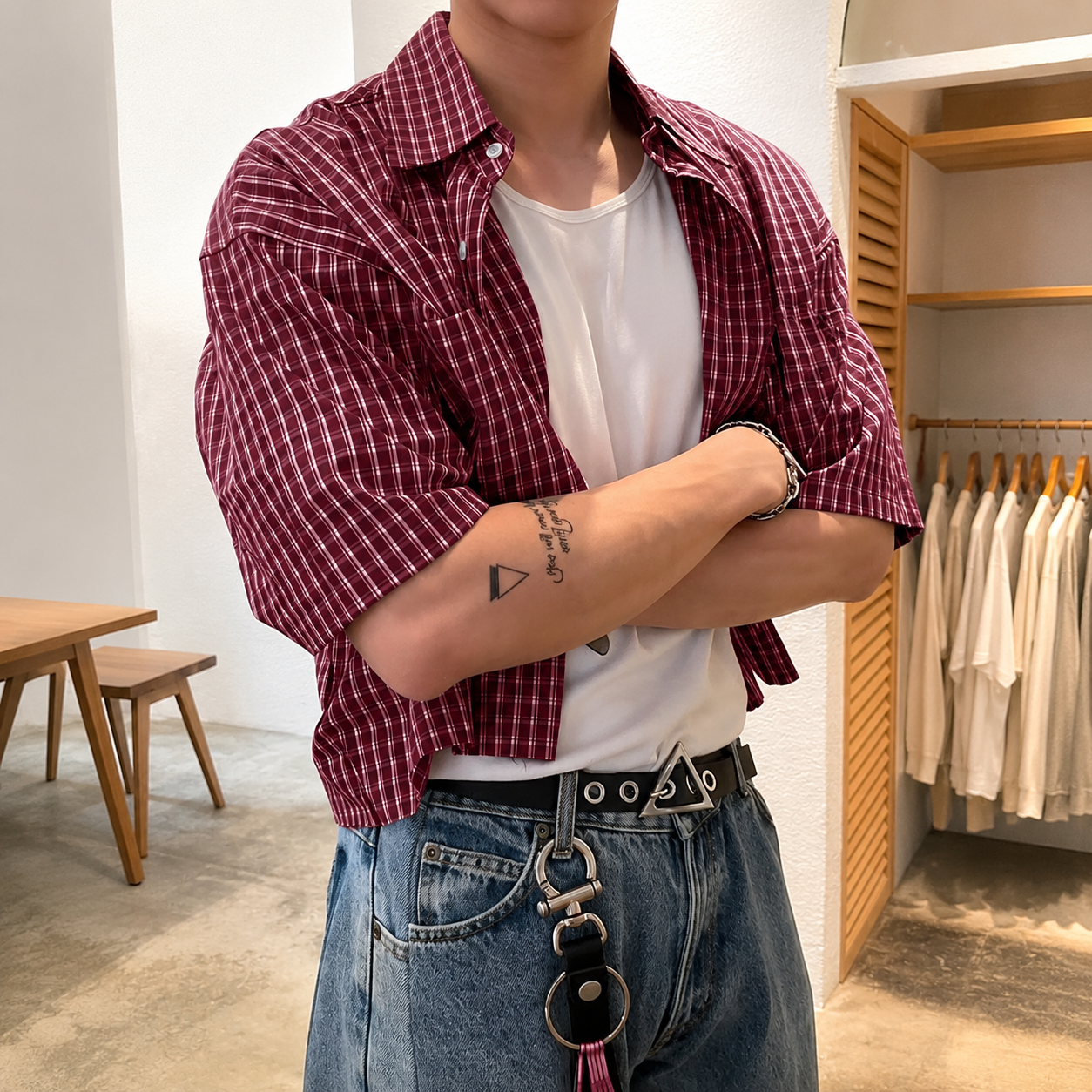 Casual Summer Cropped Plaid Shirt For Men