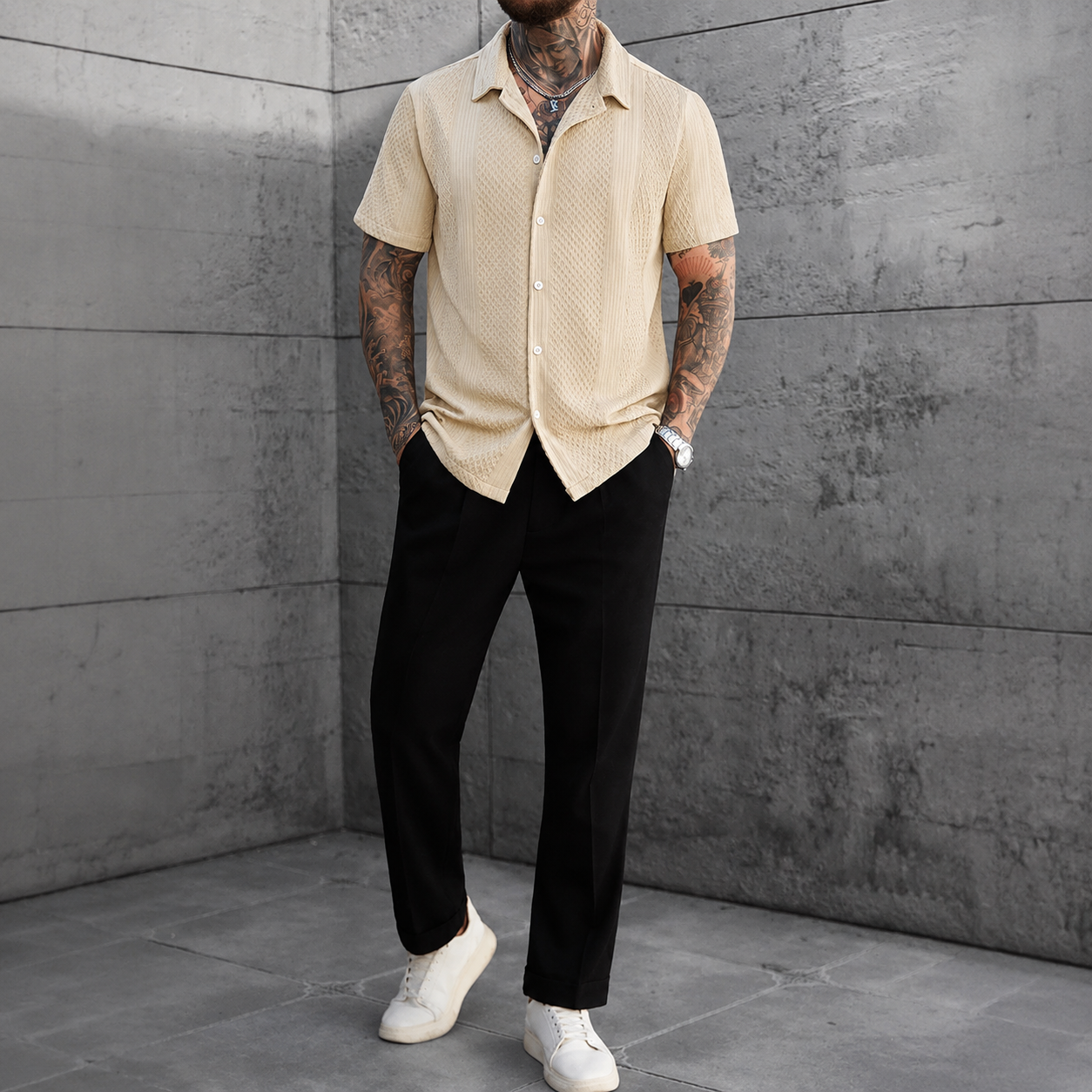 Casual Knitted Short Sleeve Button Up Shirt For Men