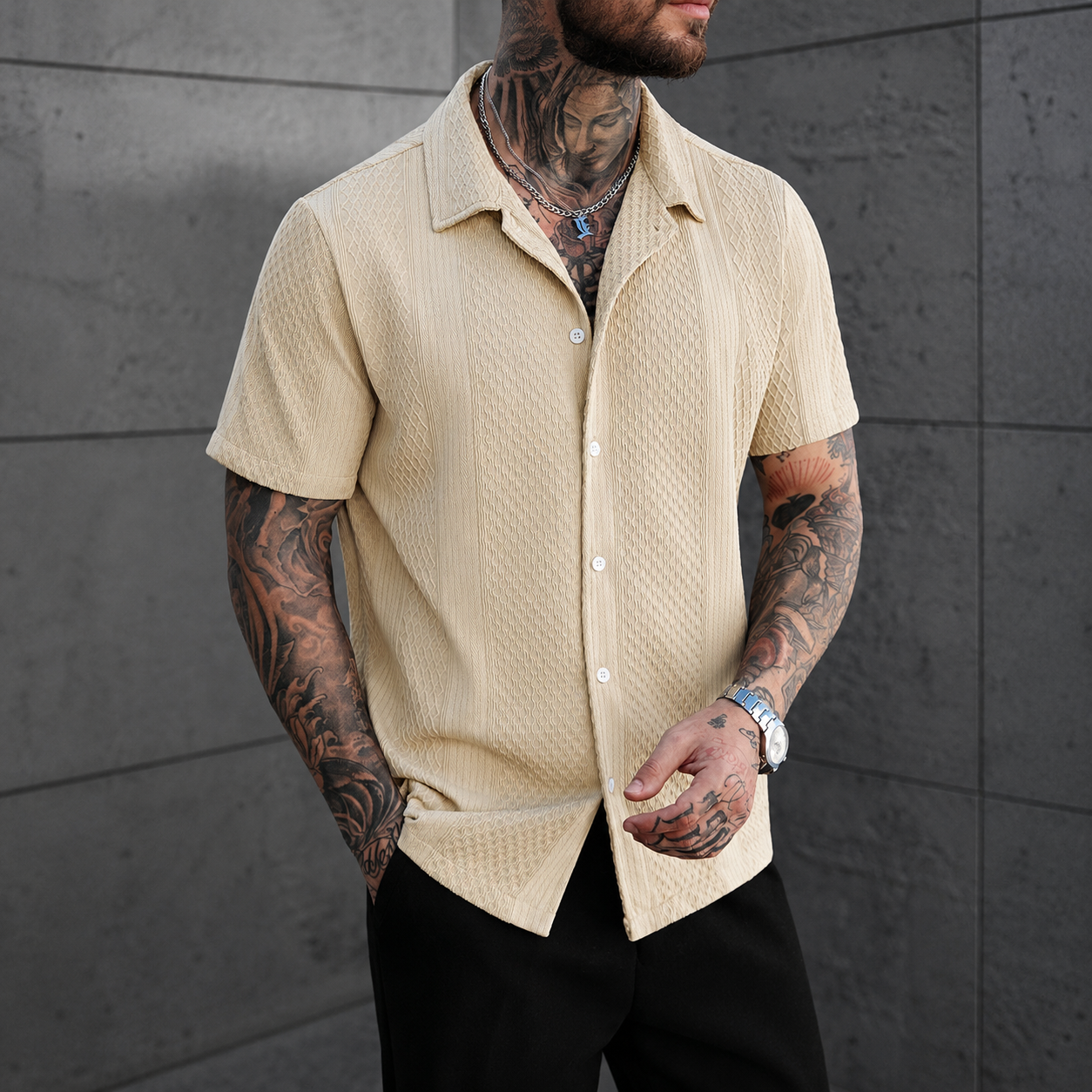 Casual Knitted Short Sleeve Button Up Shirt For Men