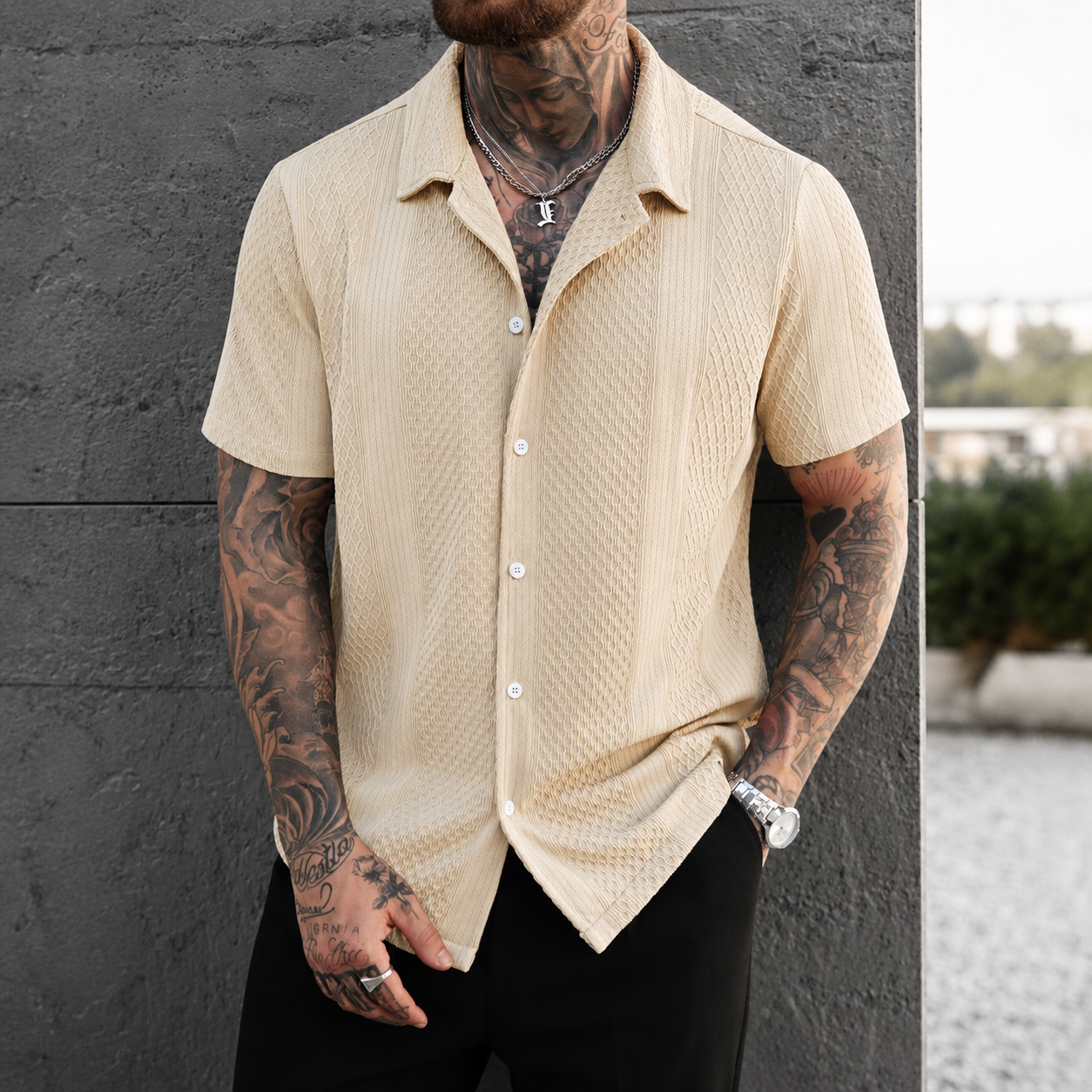 Casual Knitted Short Sleeve Button Up Shirt For Men