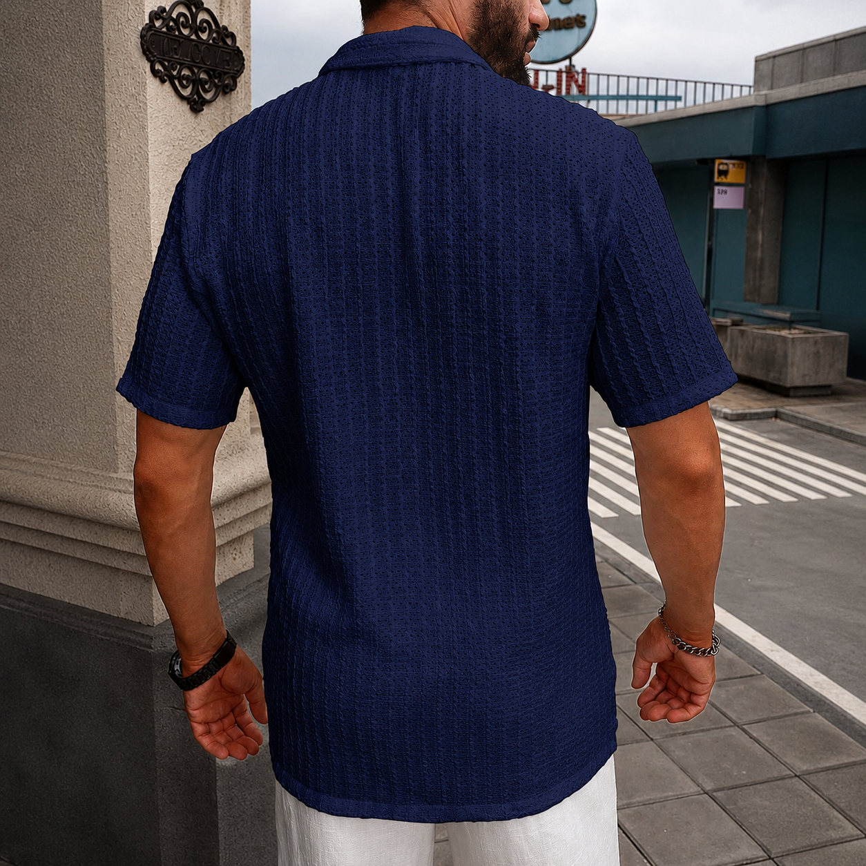 Casual Textured Cuban Collar Short Sleeve Shirt