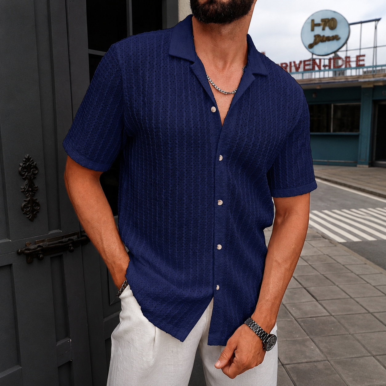 Casual Textured Cuban Collar Short Sleeve Shirt