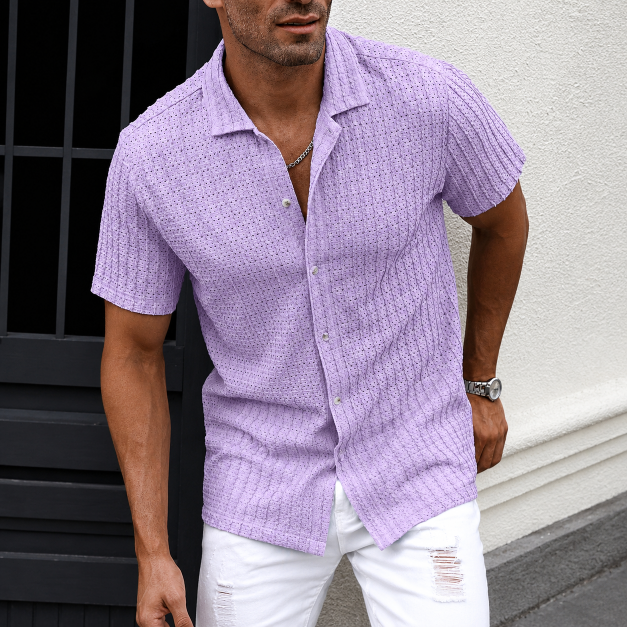 Casual Textured Cuban Collar Short Sleeve Shirt