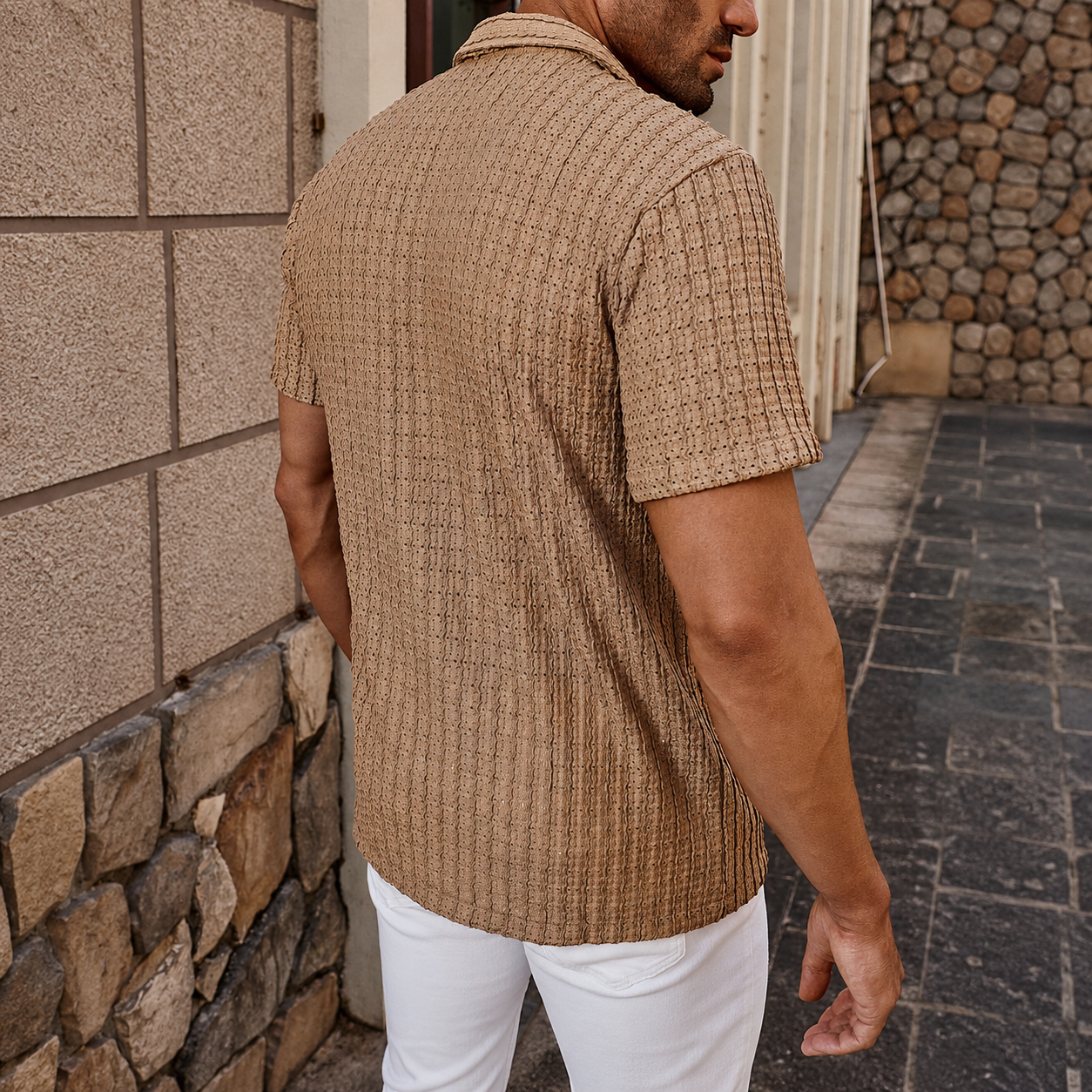 Casual Textured Cuban Collar Short Sleeve Shirt