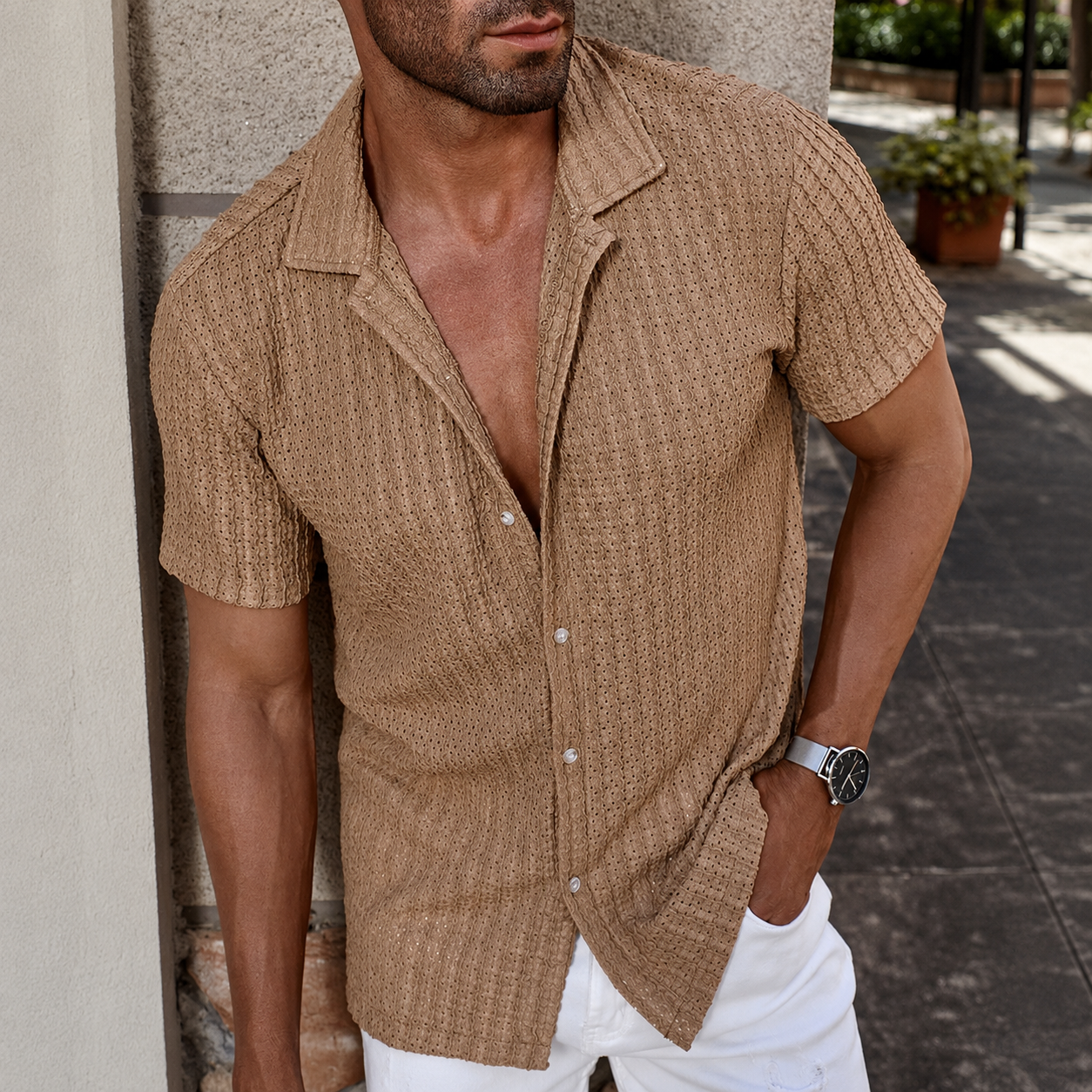 Casual Textured Cuban Collar Short Sleeve Shirt