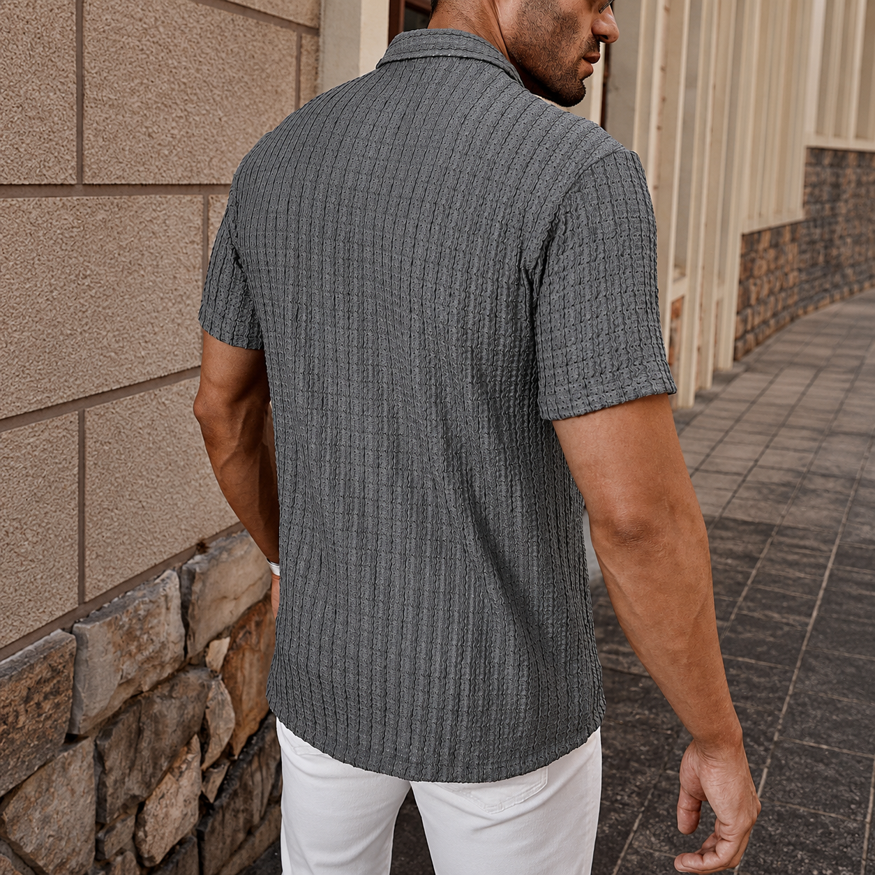 Casual Textured Cuban Collar Short Sleeve Shirt