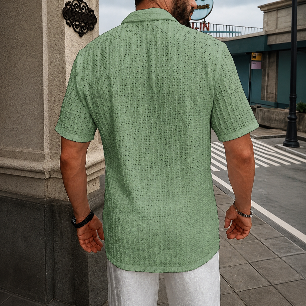 Casual Textured Cuban Collar Short Sleeve Shirt