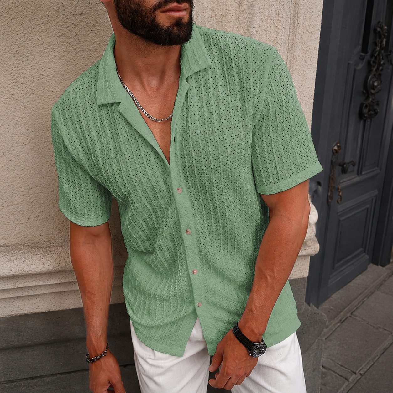 Casual Textured Cuban Collar Short Sleeve Shirt