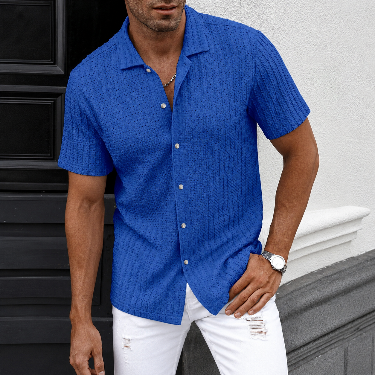 Casual Textured Cuban Collar Short Sleeve Shirt