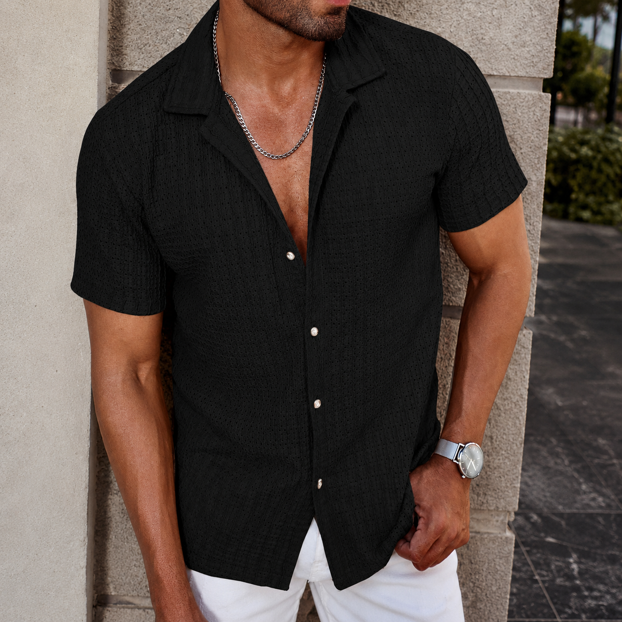 Casual Textured Cuban Collar Short Sleeve Shirt