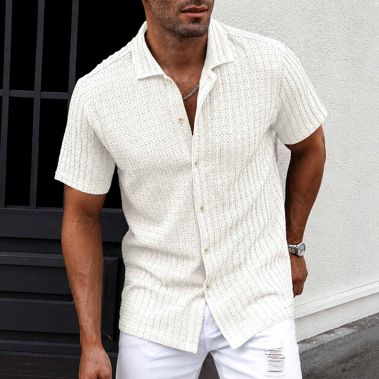 Casual Textured Cuban Collar Short Sleeve Shirt