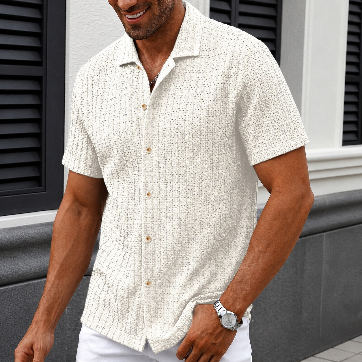 Casual Textured Cuban Collar Short Sleeve Shirt