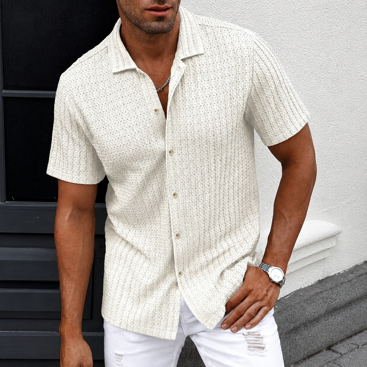 Casual Textured Cuban Collar Short Sleeve Shirt