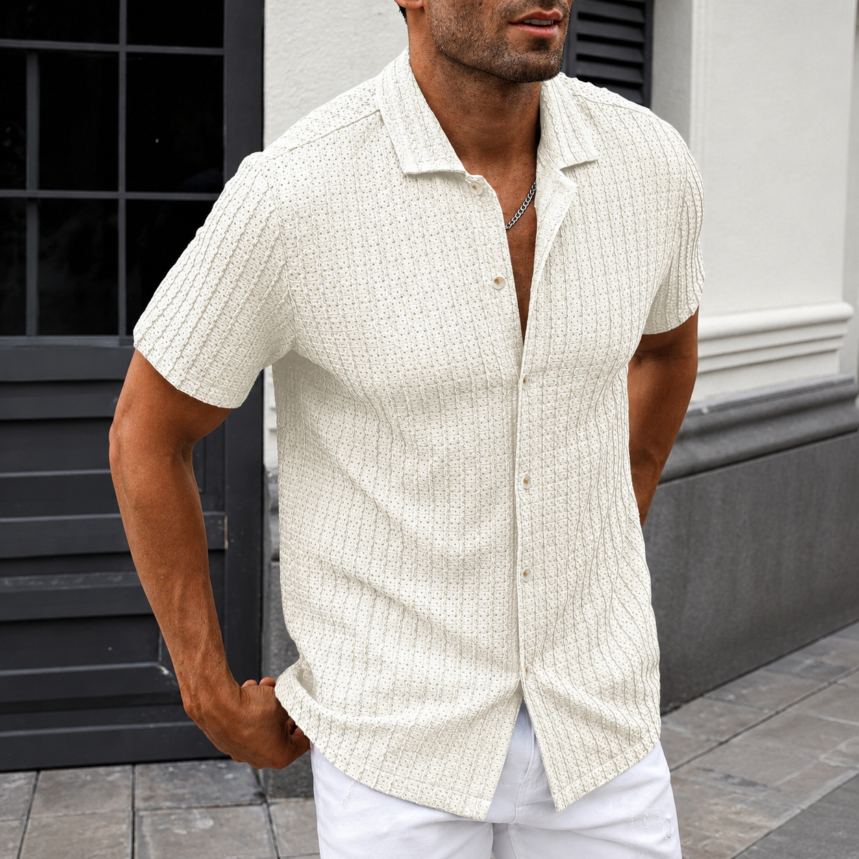 Casual Textured Cuban Collar Short Sleeve Shirt