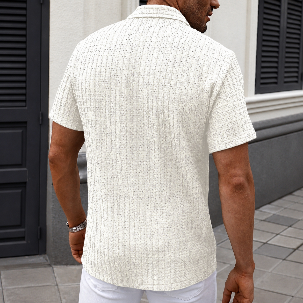 Casual Textured Cuban Collar Short Sleeve Shirt
