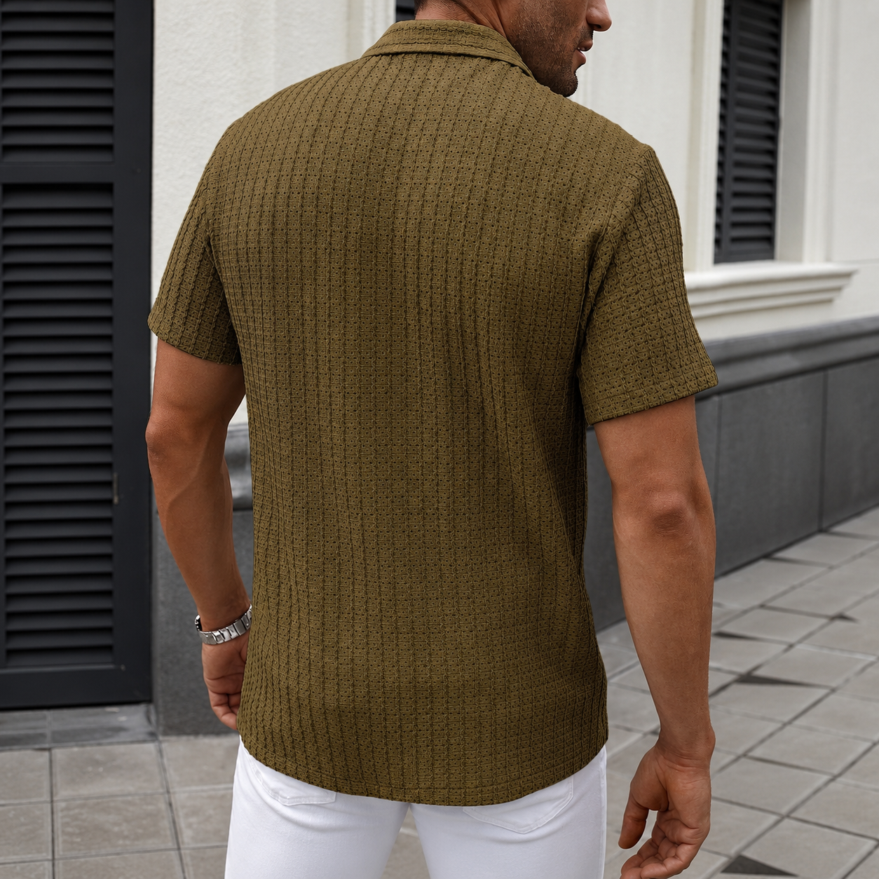 Casual Textured Cuban Collar Short Sleeve Shirt