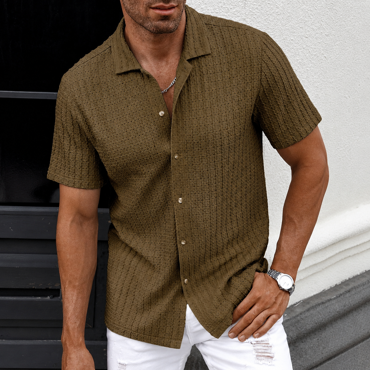 Casual Textured Cuban Collar Short Sleeve Shirt