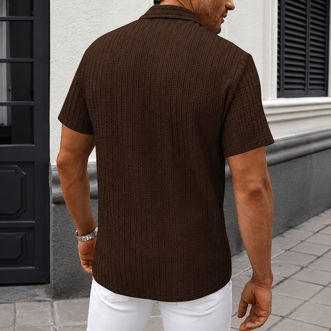 Casual Textured Cuban Collar Short Sleeve Shirt