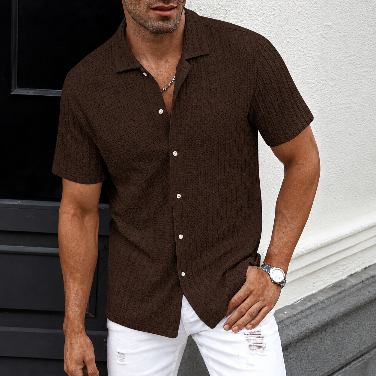 Casual Textured Cuban Collar Short Sleeve Shirt
