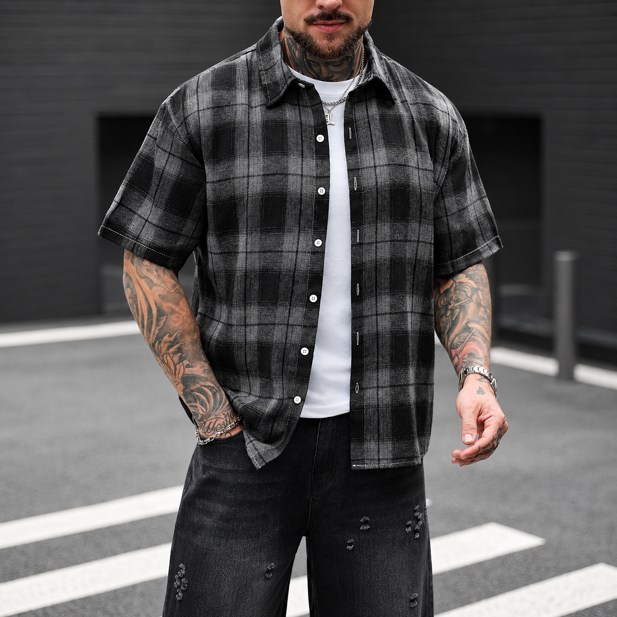 Men Plaid Summer Streetwear Vintage Flannels Short Sleeve Casual Shirt