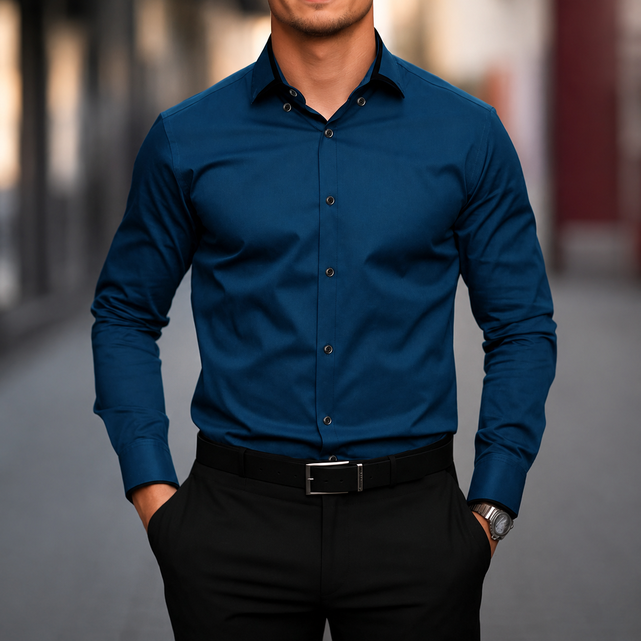  Casual Color Block Long Sleeve Formal Shirt For Men