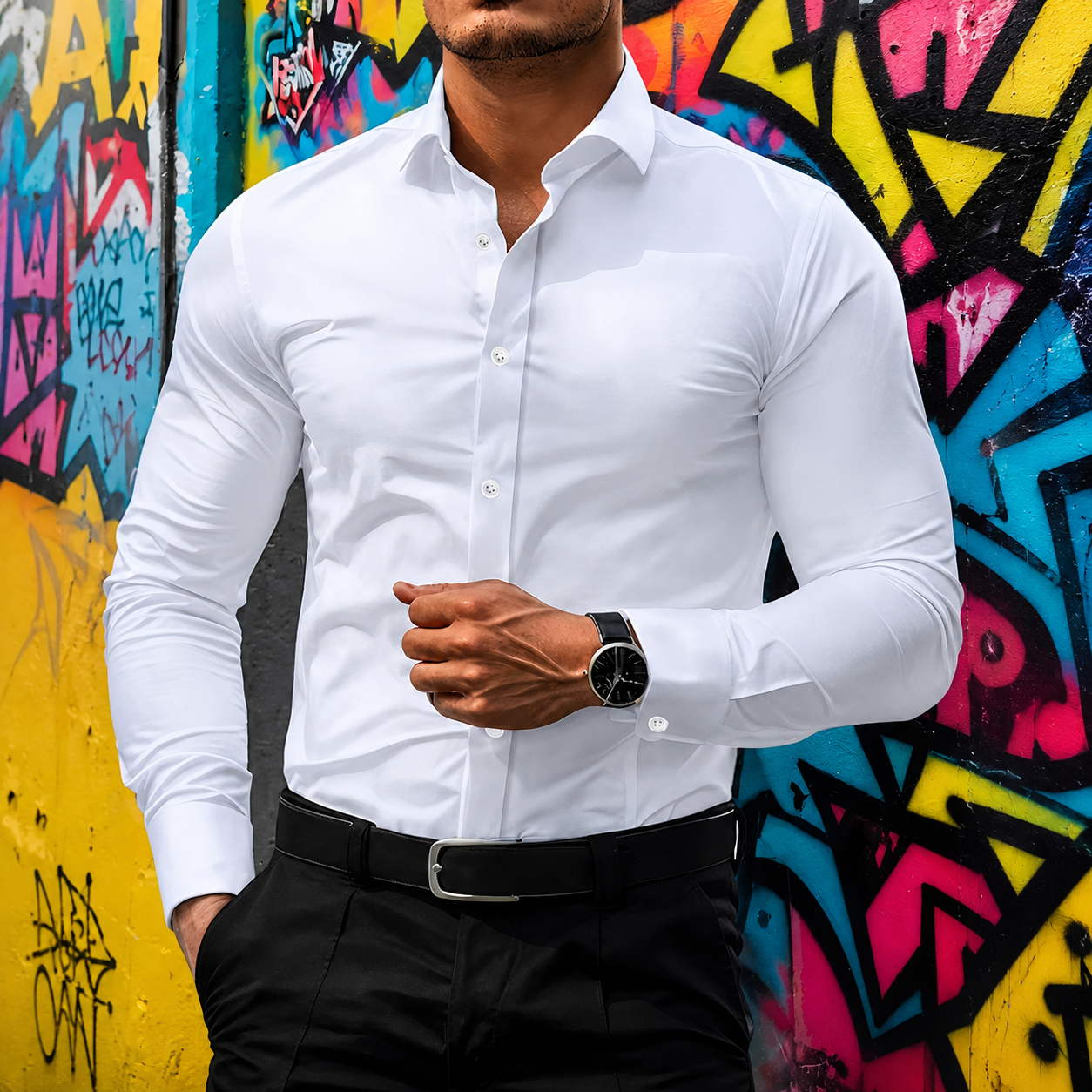 Slim Fit Stretch Long Sleeve Button Up Shirt for Men